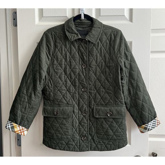 TALBOTS Moss Green Quilted Corduroy Plaid Cuffs Button Front Coat - Picture 10 of 12